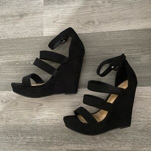 Black Strappy Wedge Sandals - Women